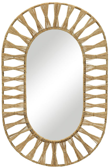 The Selamat Ojai Oval Mirror features a woven jute frame in a sunburst pattern, providing an organic vibe.