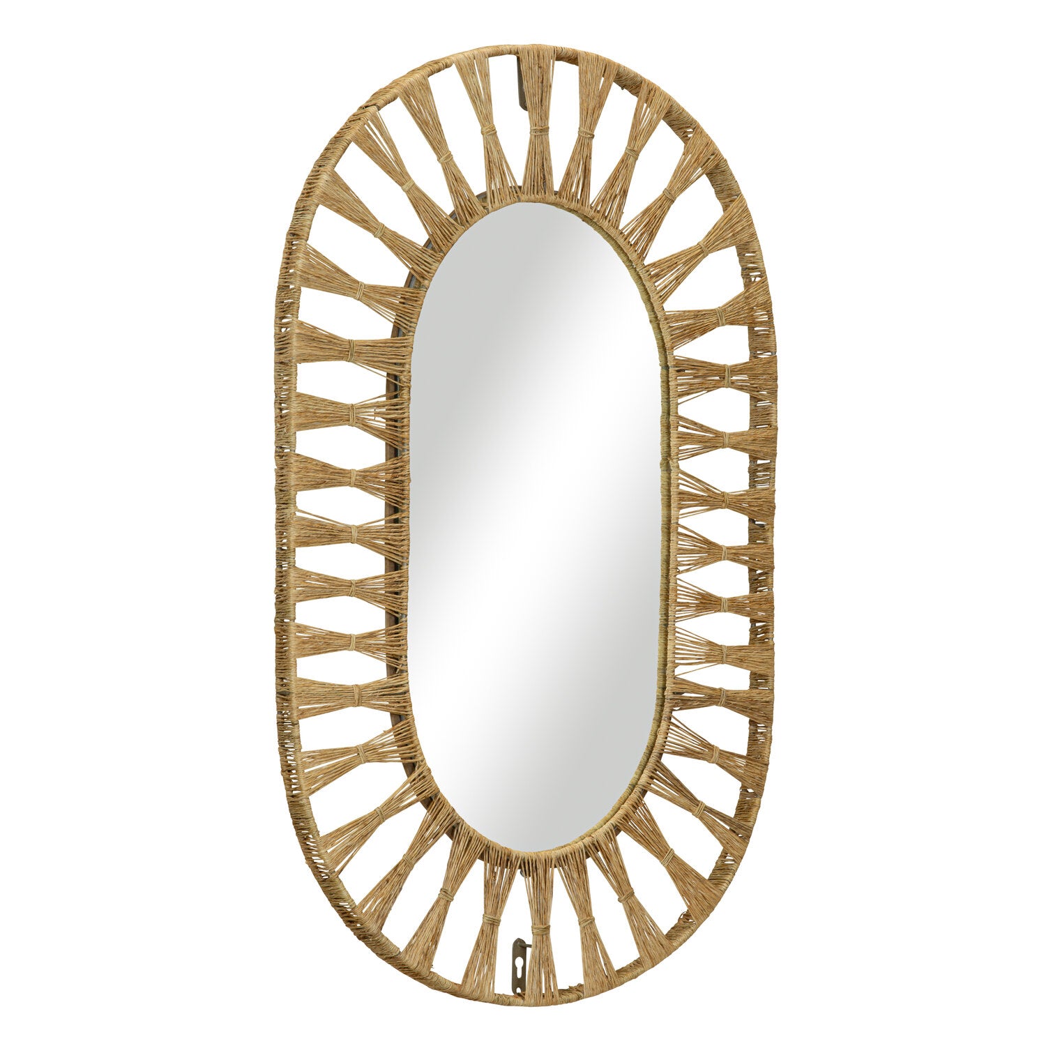 The Ojai Oval Mirror by Selamat features a decorative jute frame with an intricate open-weave design, adding an organic vibe to any space.