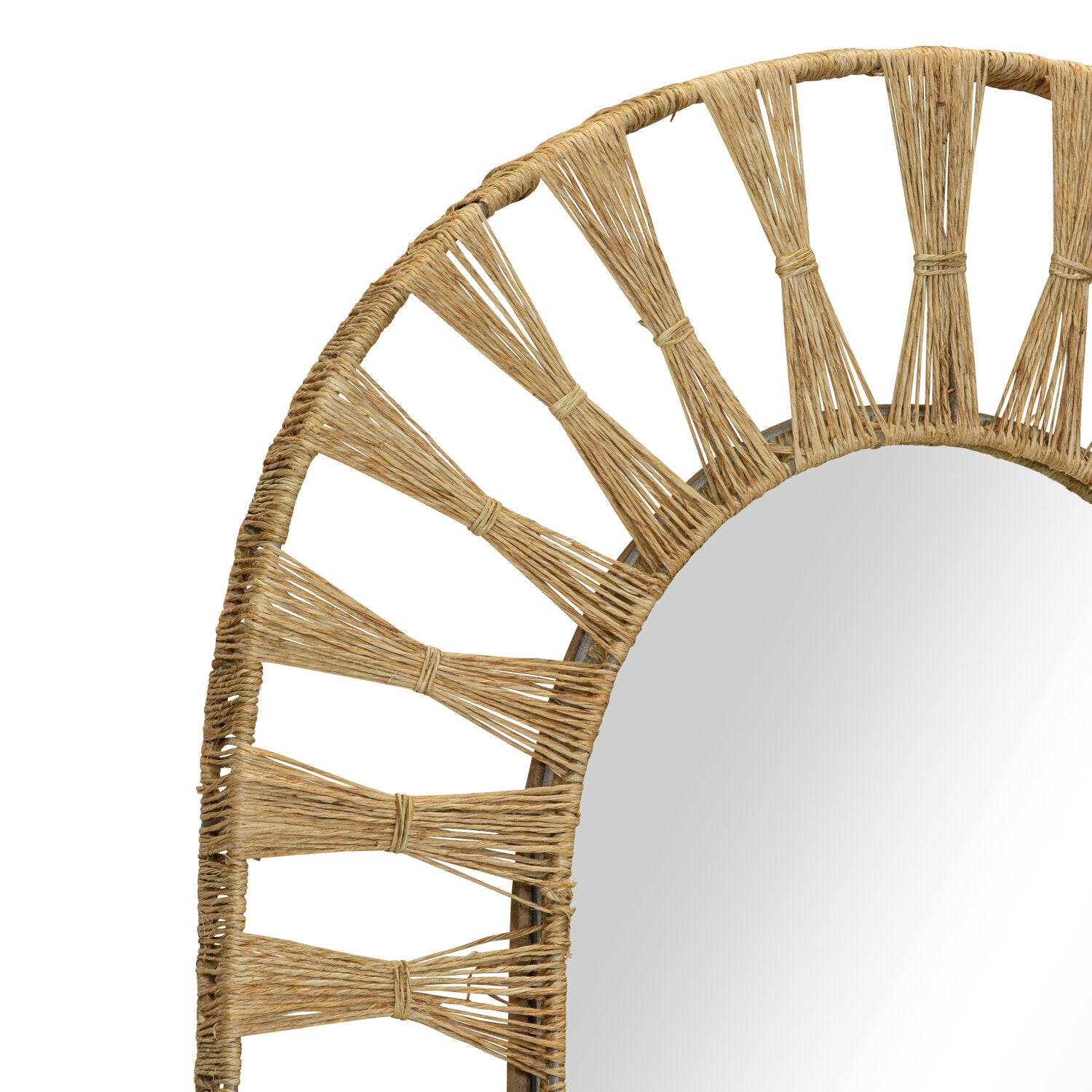 The Ojai Oval Mirror by Selamat features a sunburst-inspired frame woven from natural jute fibers, offering an organic vibe.