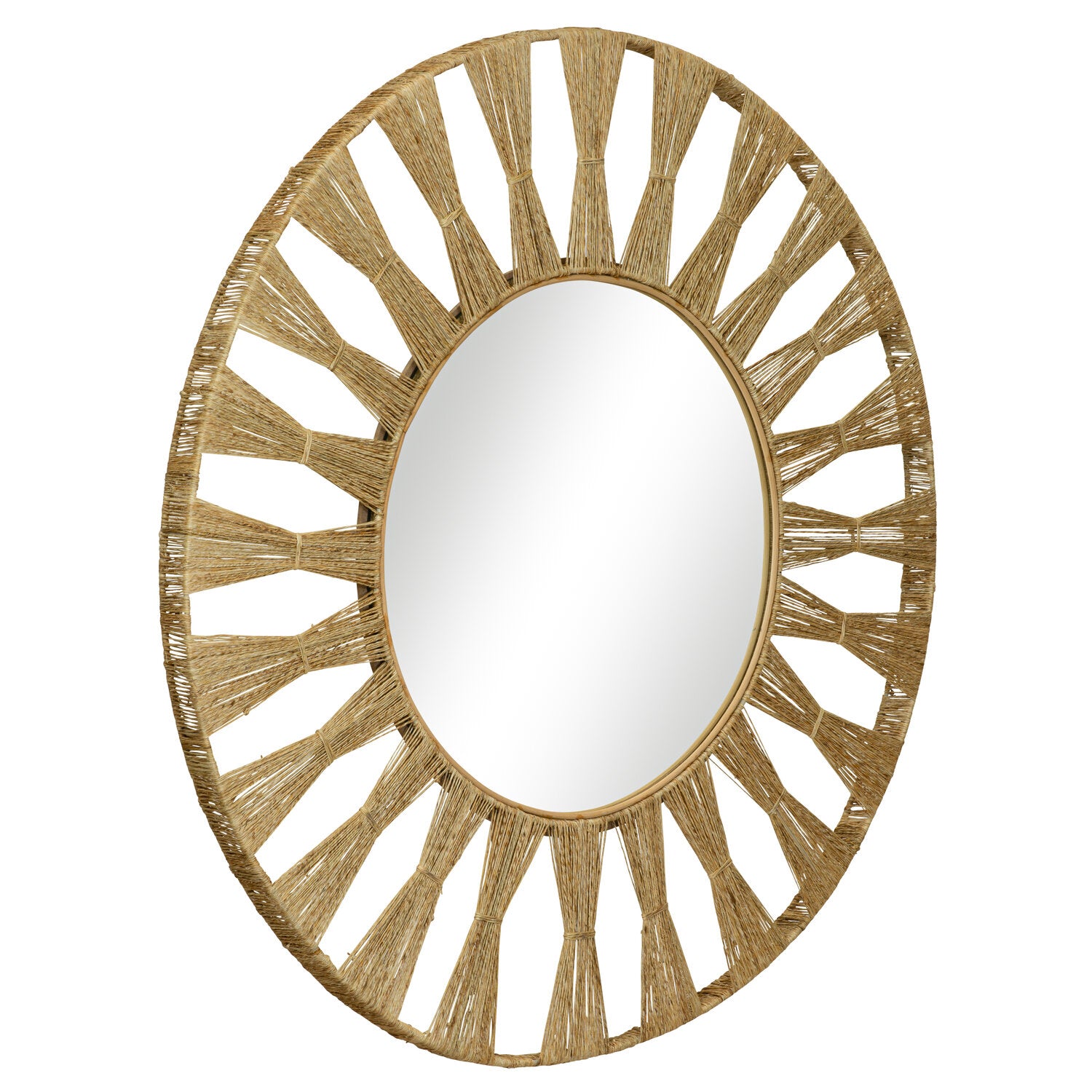 The Ojai Round Mirror, Natural by Selamat boasts a sunburst-style design with a hand-wrapped jute frame, offering an earthy, organic vibe ideal for any room.