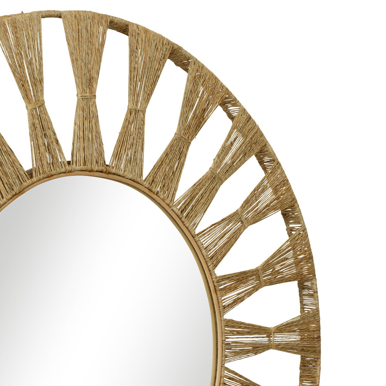 Close-up of the Selamat Ojai Round Mirror, Natural, showcasing its hand-wrapped jute frame in a sunburst pattern, exuding an organic earthy vibe.