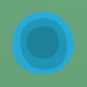 Modern 6170 by Ornis Gallery features a large blue circle with concentric shades of blue, inspired by Geometric Abstraction, centered on green. It’s presented in a Gallery Deep White frame with archival papers for museum-quality display.