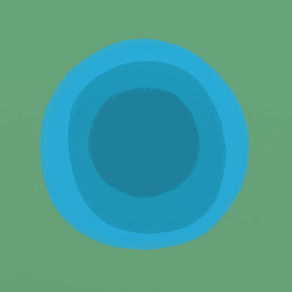 Modern 6170 by Ornis Gallery features a large blue circle with concentric shades of blue, inspired by Geometric Abstraction, centered on green. It’s presented in a Gallery Deep White frame with archival papers for museum-quality display.