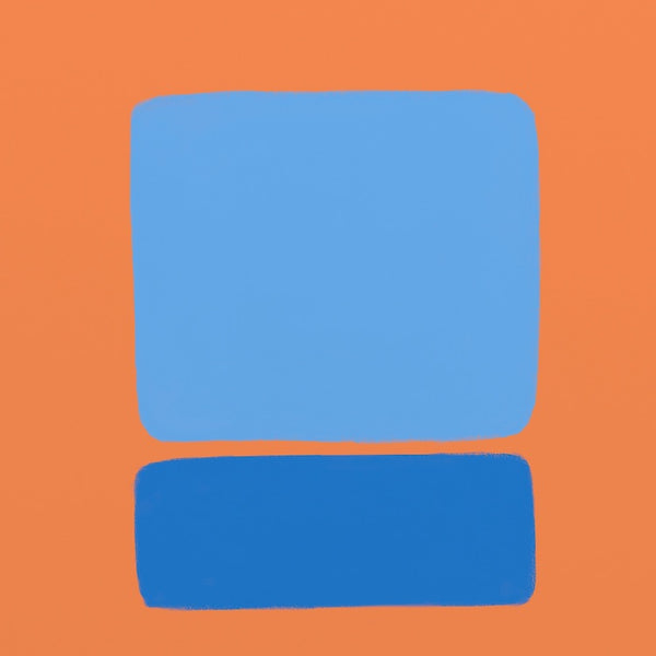 A geometric abstraction featuring a blue square on an orange background, Modern #6344 by Ornis Gallery.