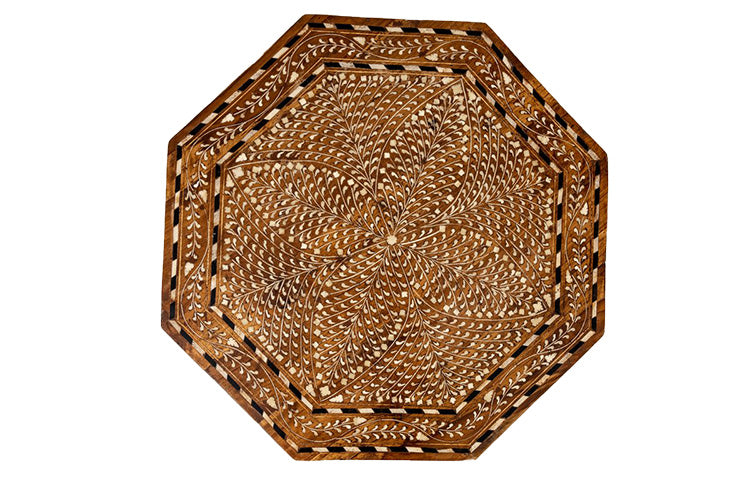 The Bojay Large Octagon Side Table is crafted from wood and showcases an intricate floral bone inlay design.