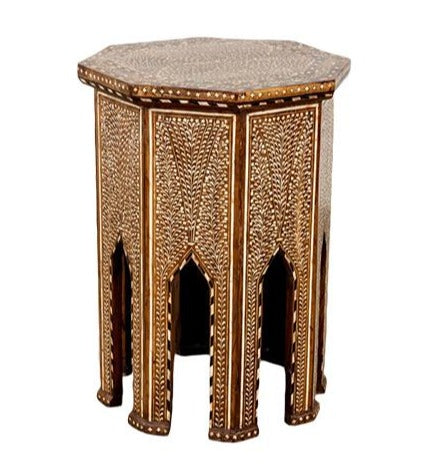Bojay's Large Octagon Side Table showcases intricate bone inlay designs and decorative patterns.