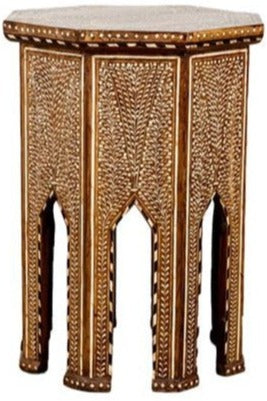 The Large Octagon Side Table by Bojay is crafted from wood with intricate carvings, pointed arches on the legs, and showcases geometric designs, bone inlay, and leaf patterns.