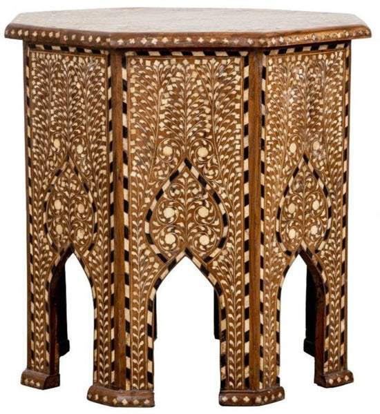 An ornate Small Octagon Side Table with a carved wood design by Bojay.