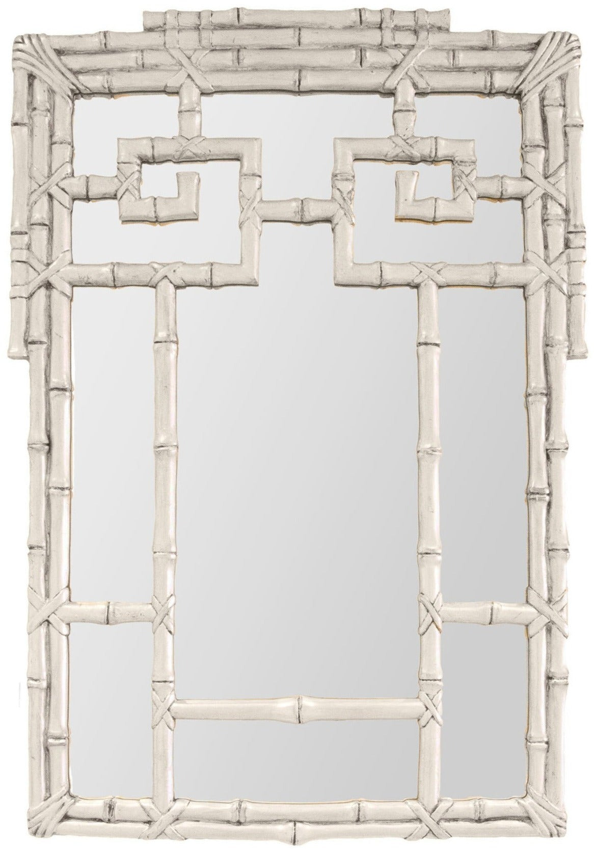 The Bamboo Mirror, Silver by Carvers' Guild features a rectangular design with a decorative faux bamboo frame in a light, neutral shade. The Oriental bamboo motif and geometric patterns bring symmetry and elegance to the piece.