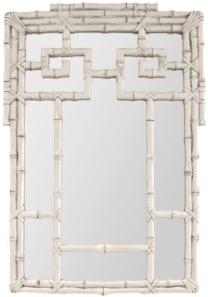 The Bamboo Mirror, Silver by Carvers' Guild features a rectangular design with a decorative faux bamboo frame in a light, neutral shade. The Oriental bamboo motif and geometric patterns bring symmetry and elegance to the piece.