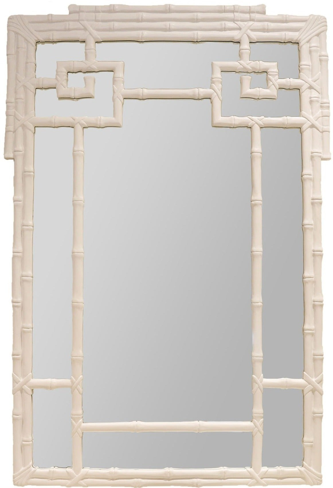 The Bamboo Mirror, White by Carver's Guild features a geometric, symmetrical Oriental bamboo motif in a delicate white frame.