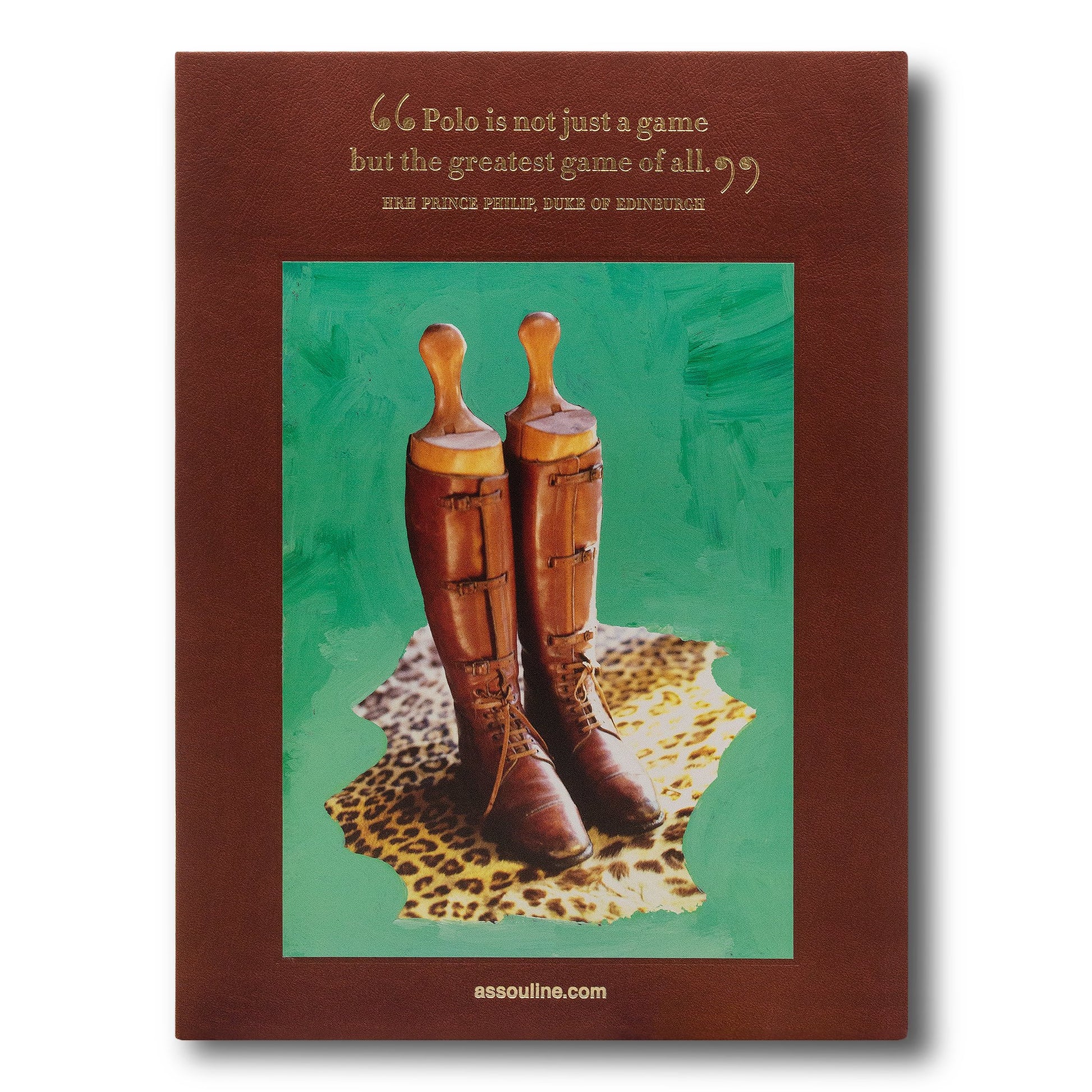 A "Polo Heritage" book cover with a quote about polo culture, featuring an image of riding boots and a polo mallet, with the website 'assouline.com' at the bottom.