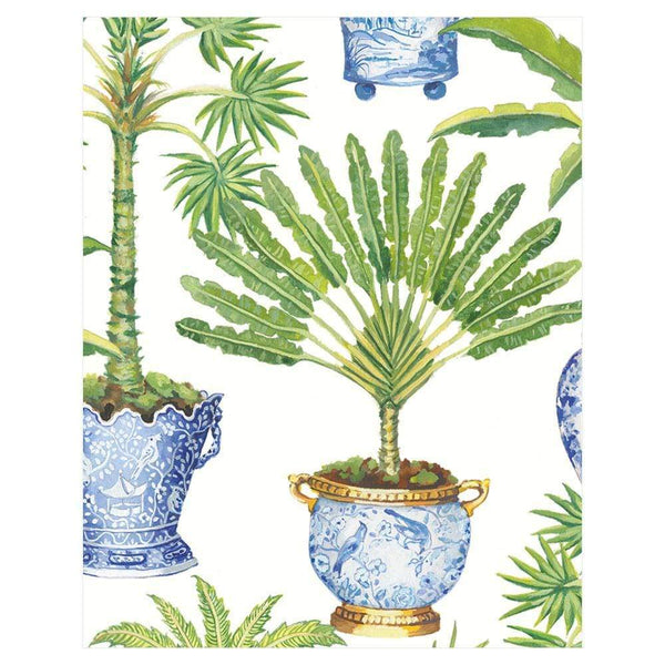 A blue and white print of Caspari - Potted Palms in pots.