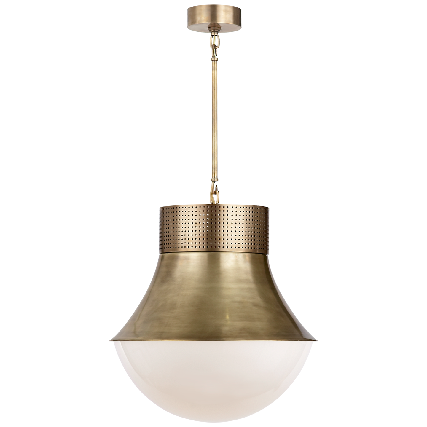 Visual Comfort's Precision Large Pendant in Antique-Burnished Brass with White Glass, featuring a perforated top and metallic rod, offers an adjustable fixture height.