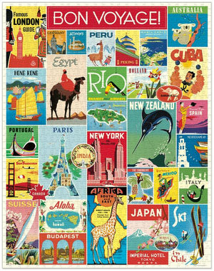 The Vintage Travel 1,000 Piece Puzzle by Cavallini Papers and Co features a collage of classic travel posters with "Bon Voyage!" in bold red at the top—an ideal decorative puzzle for travel enthusiasts.