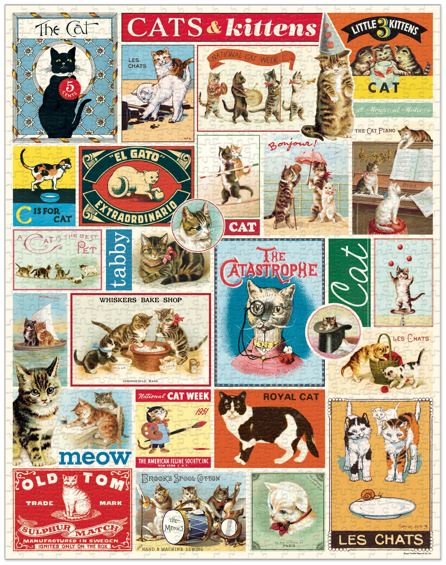 The Cats and Kittens 1,000 Piece Puzzle by Cavallini Papers and Co features a collage of vintage cat-themed posters and ads, with illustrated cats, kittens, and text in various fonts and languages inspired by the Cavallini archives.
