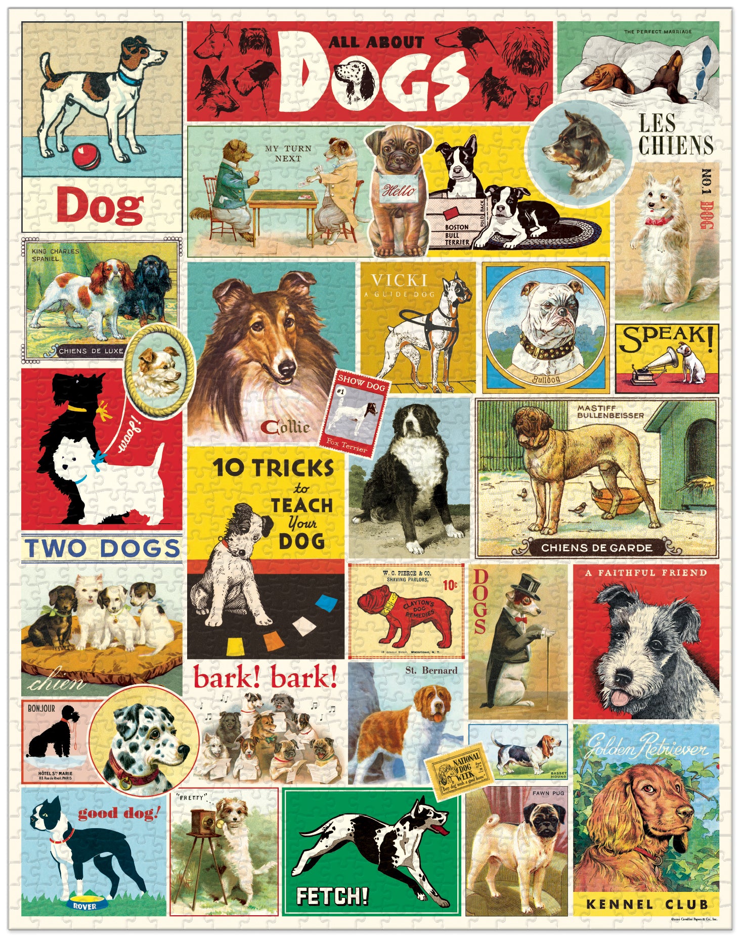 The Cavallini Papers and Co Dogs 1,000 Piece Puzzle features vintage dog illustrations, playful commands like "FETCH!" and "bark! bark!", plus phrases such as "All About Dogs" and "good dog!" inspired by the Cavallini archives.
