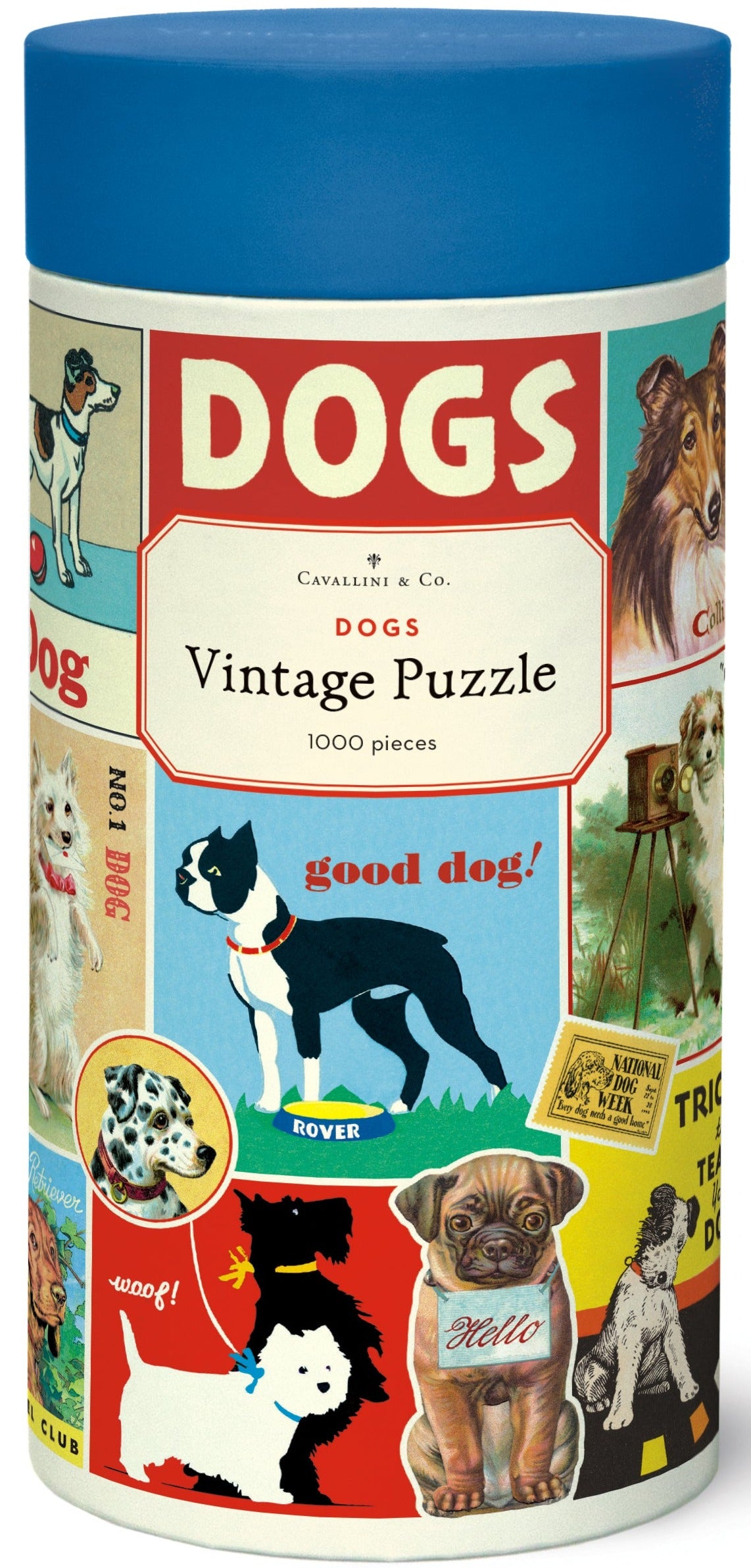 The Cavallini Papers and Co Dogs 1,000 Piece Puzzle comes in a cylindrical container, featuring dog breed illustrations and vintage graphics from the Cavallini archives.