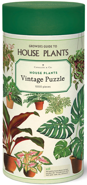 Tall cylindrical box labeled "House Plants 1,000 Piece Puzzle" by Cavallini Papers and Co, featuring charming potted plant illustrations; includes 1,000 pieces for an enjoyable puzzle experience.