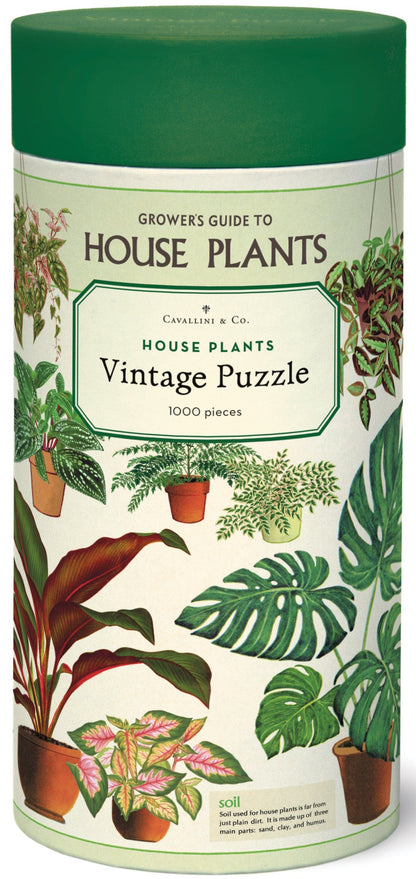 Tall cylindrical box labeled "House Plants 1,000 Piece Puzzle" by Cavallini Papers and Co, featuring charming potted plant illustrations; includes 1,000 pieces for an enjoyable puzzle experience.