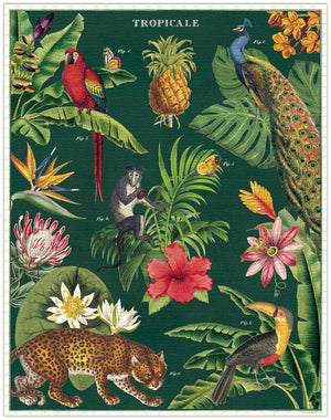 The Tropicale 1,000 Piece Puzzle by Cavallini Papers and Co features tropical animals and plants—from parrots and monkeys to hibiscus and palm leaves—illustrated on a dark green background, perfect for puzzle enthusiasts.