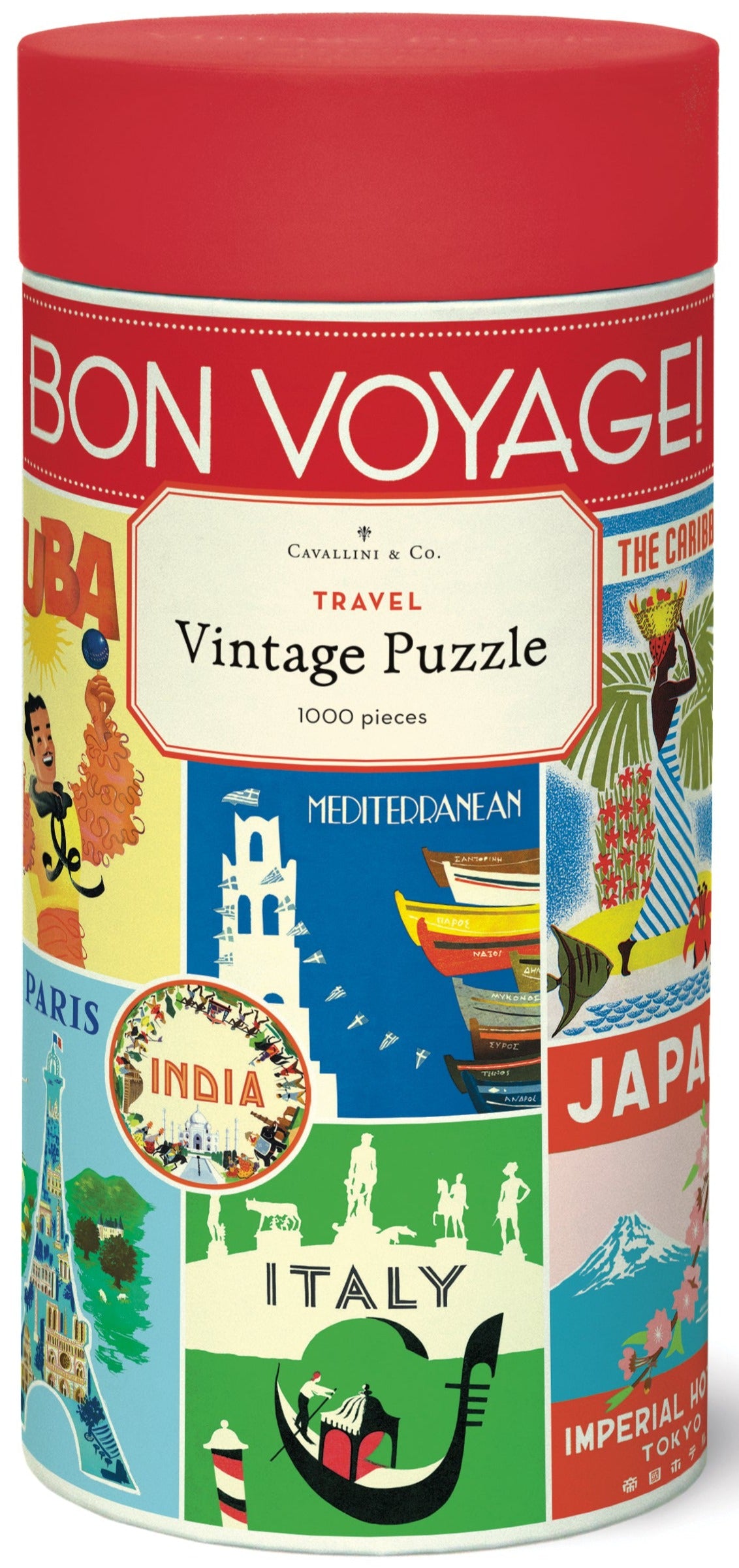 The Vintage Travel 1,000 Piece Puzzle by Cavallini Papers and Co comes in a cylindrical box and features vibrant illustrations of global destinations from the Cavallini archives.