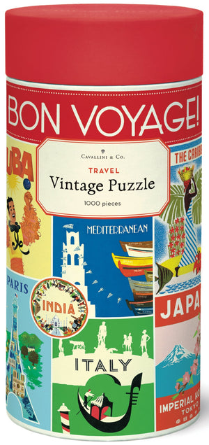 The Vintage Travel 1,000 Piece Puzzle by Cavallini Papers and Co comes in a cylindrical box and features vibrant illustrations of global destinations from the Cavallini archives.