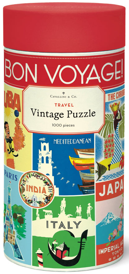 The Vintage Travel 1,000 Piece Puzzle by Cavallini Papers and Co comes in a cylindrical box and features vibrant illustrations of global destinations from the Cavallini archives.