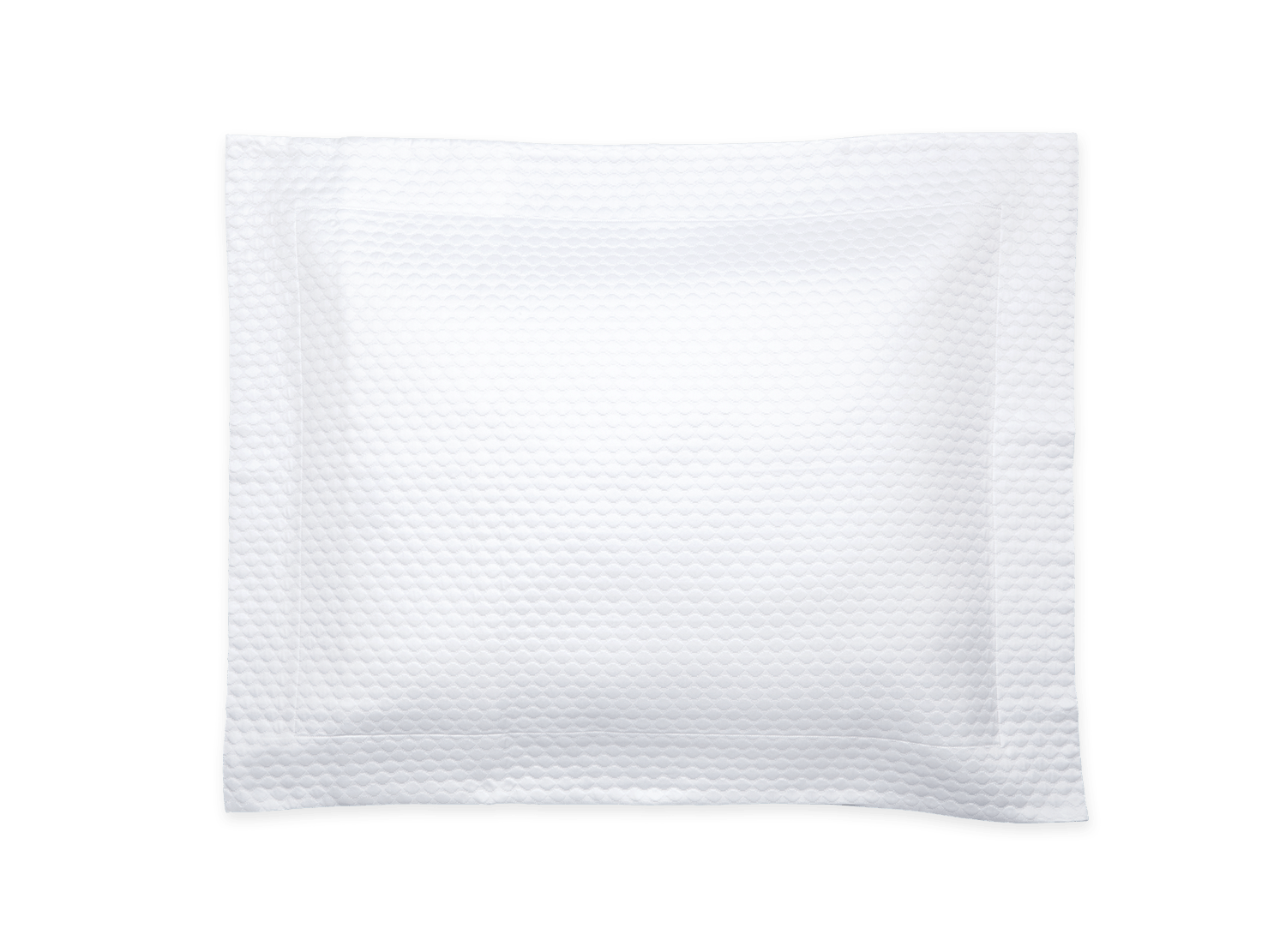The Matouk White Pearl Bedding Collection by Matouk features a white square textured pillow crafted from luxurious Egyptian cotton with a checkered pattern, viewed from above against a plain background.