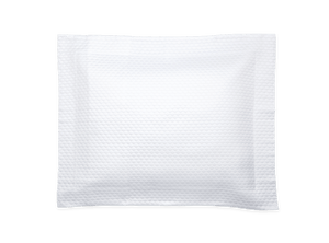 The Matouk White Pearl Bedding Collection by Matouk features a white square textured pillow crafted from luxurious Egyptian cotton with a checkered pattern, viewed from above against a plain background.