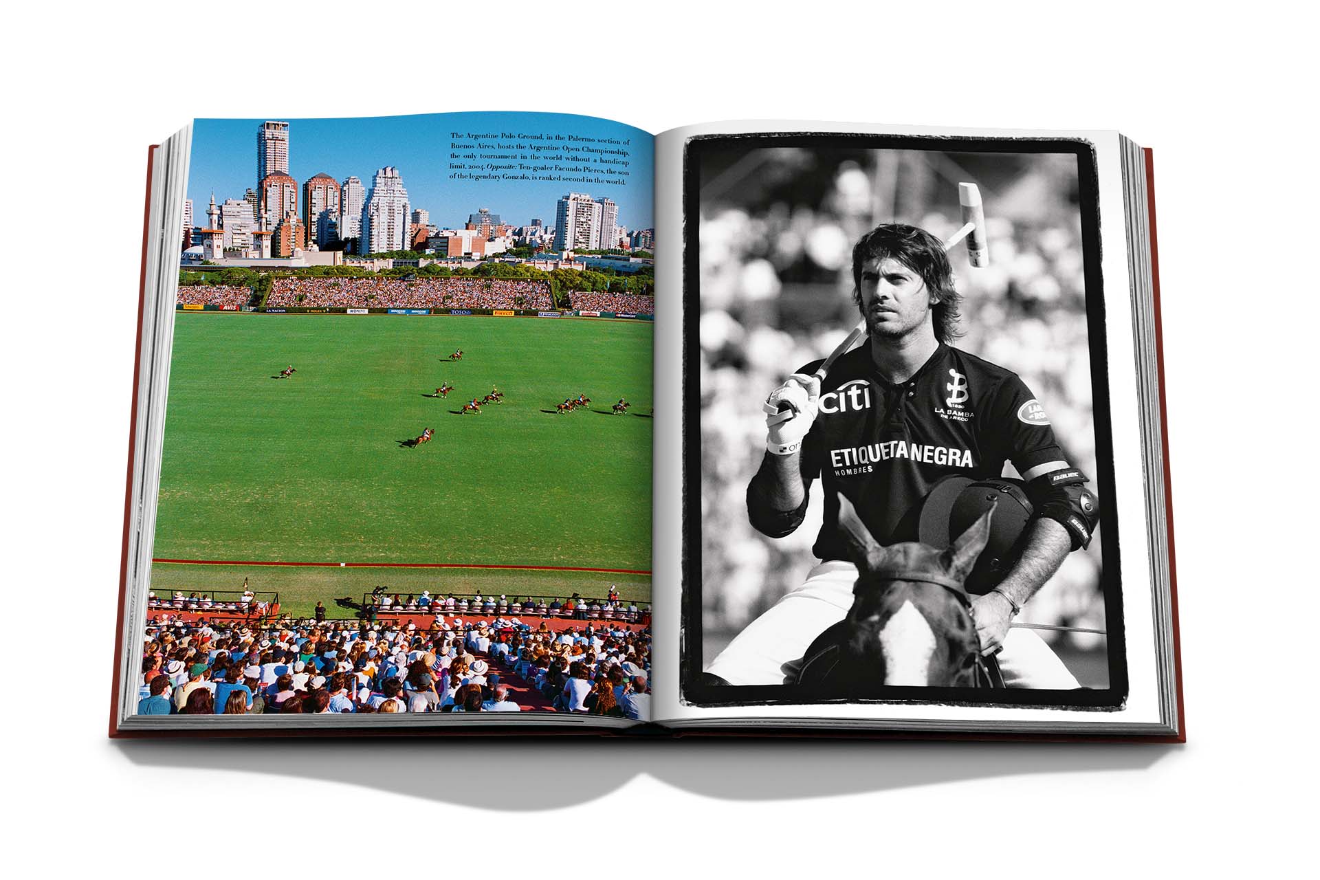 An open book displaying a black and white photograph of a polo player on the right and a color image of a polo match from the Assouline Polo Heritage grounds on the left.