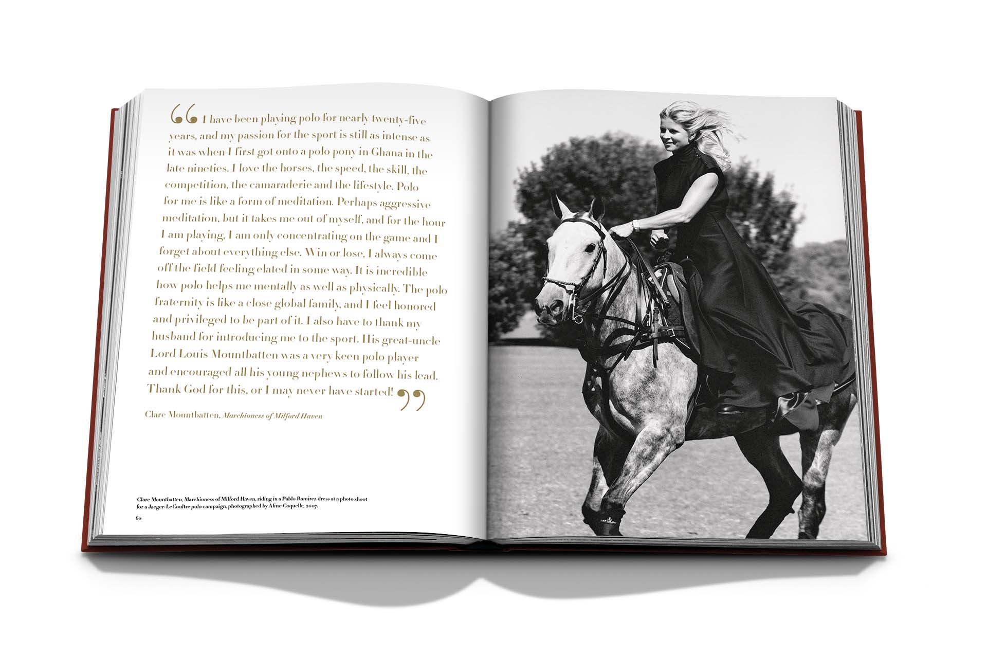 Open book displaying a black and white photograph of a smiling woman running at the Assouline Polo Heritage, accompanied by text on the left page.