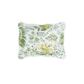 The Matouk Pomegranate Bedding Collection, Citrus, features a square pillow in white Egyptian cotton percale with a green and yellow pomegranate-inspired botanical print, black piped edge, and OEKO-TEX® Standard 100 certification.