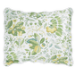 Decorative pillow with a Matouk Pomegranate Bedding Collection, Citrus print featuring various plants and flowers in green and yellow tones, outlined in a black edge.
