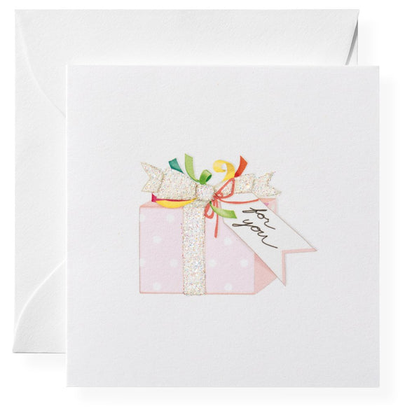 A pink and white Karen Adams card featuring a Gift Enclosures gift box.