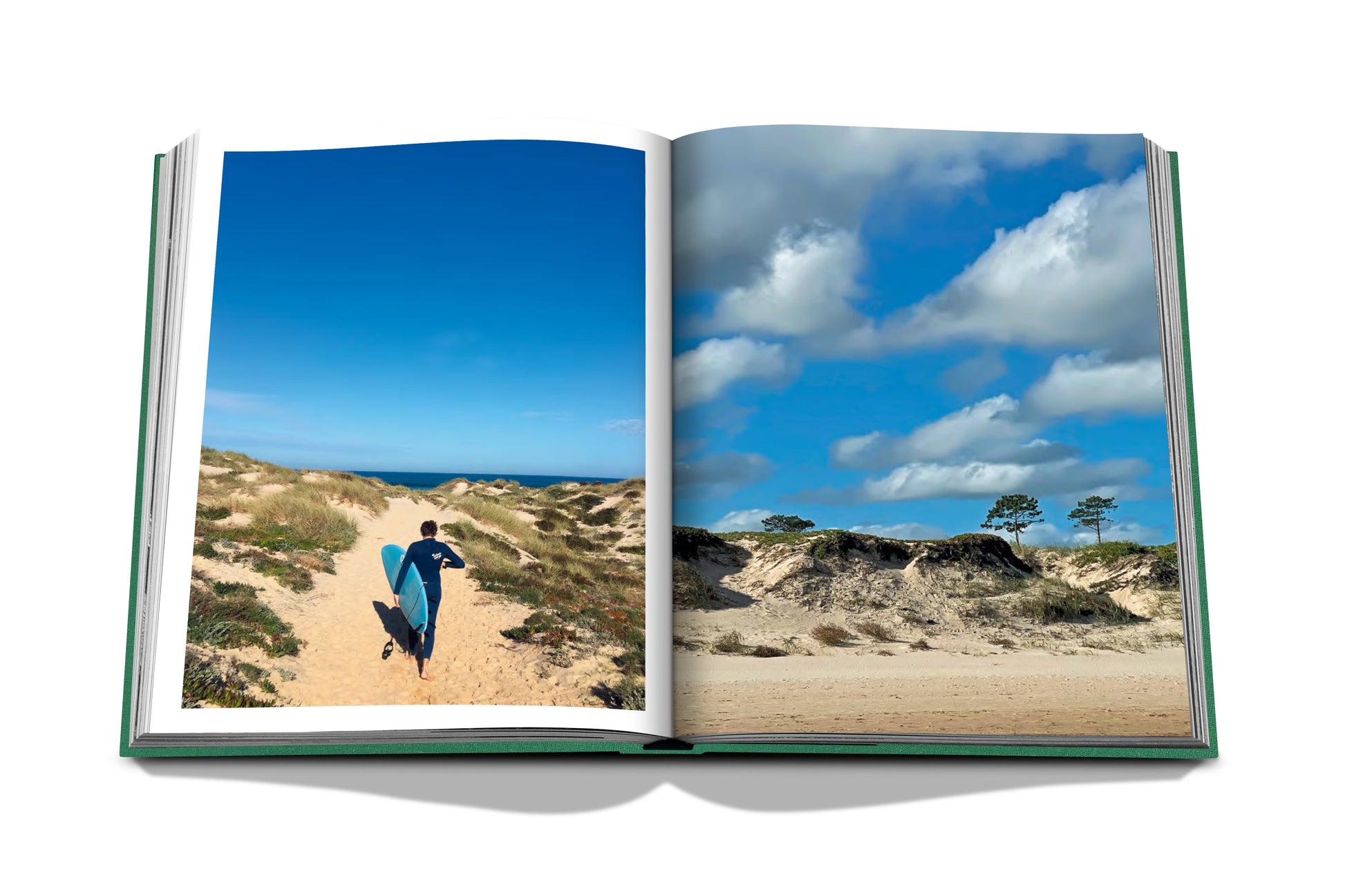 A photo book of a man walking on sand with a surfboard in Punta del Este, capturing the beach resort atmosphere by Assouline.