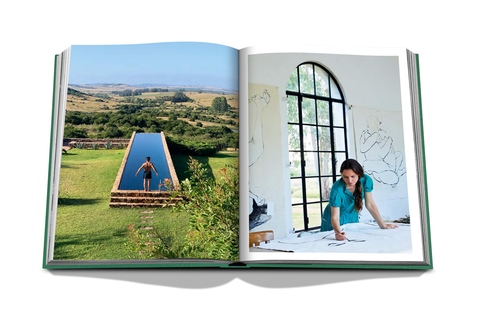 An open book with a woman standing in front of a pool at a beach resort, featuring the Punta Del Este by Assouline.