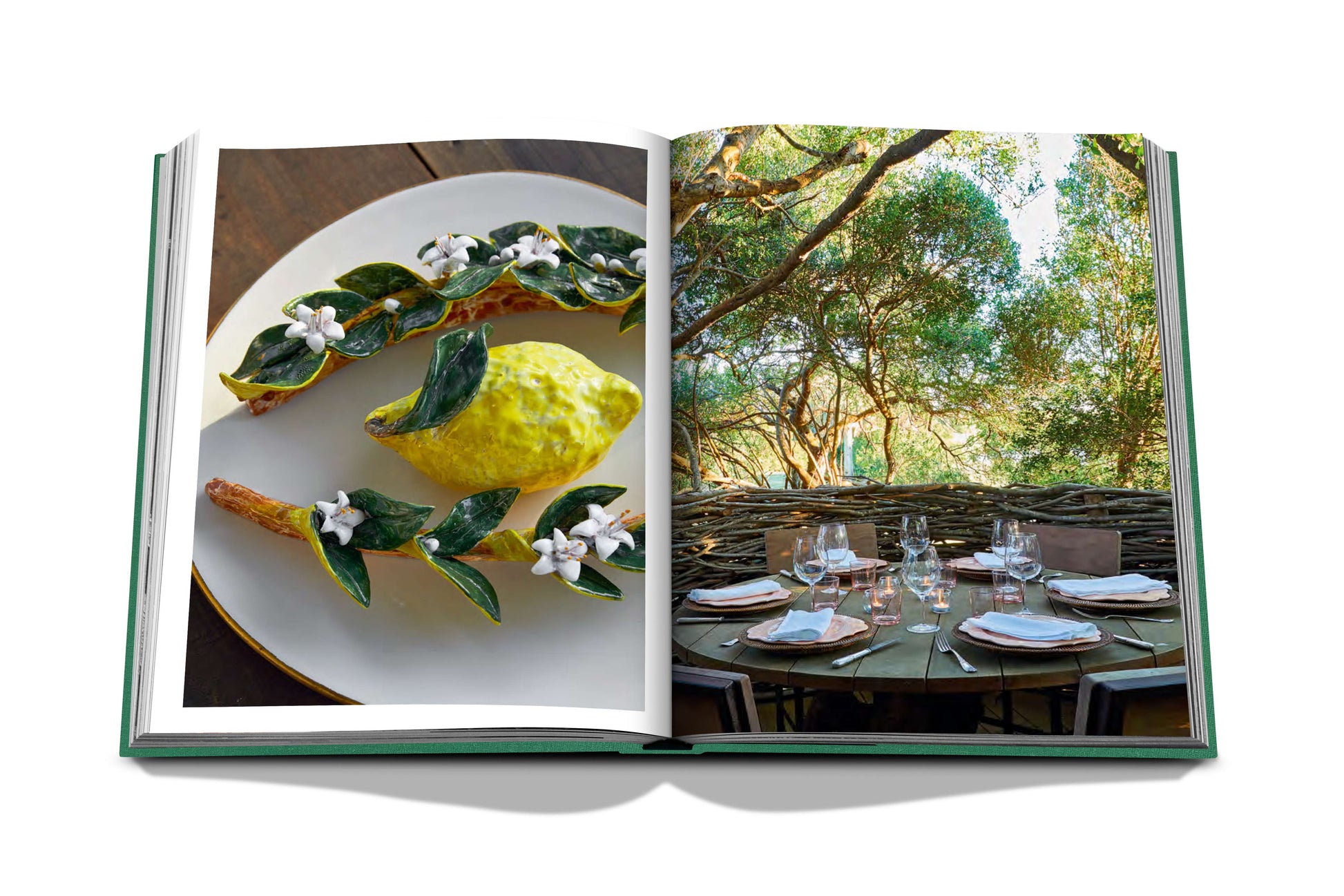 An open Punta Del Este book by Assouline with a picture of a beach resort table with lemons on it.