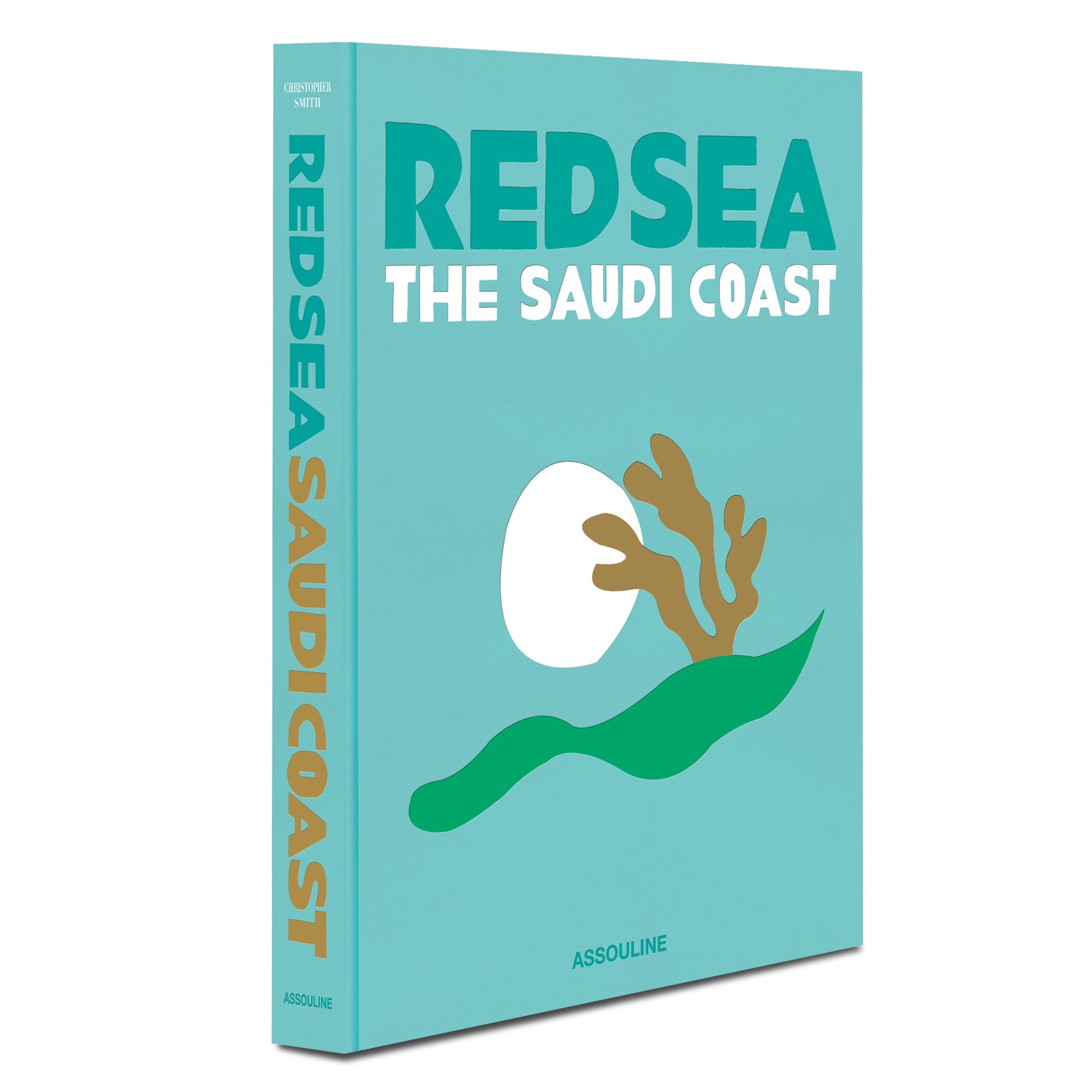 Assouline book cover titled "Red Sea: The Saudi Coast" with a graphic of coral and a wave, primarily in teal and white colors, highlighting the biodiversity of the region.