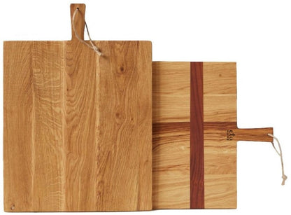 The etúHOME Rectangle Oak Medium Charcuterie Boards, handcrafted with handles and hanging loops—one with a central dark stripe—are displayed side by side on a white background, perfect for serving charcuterie.
