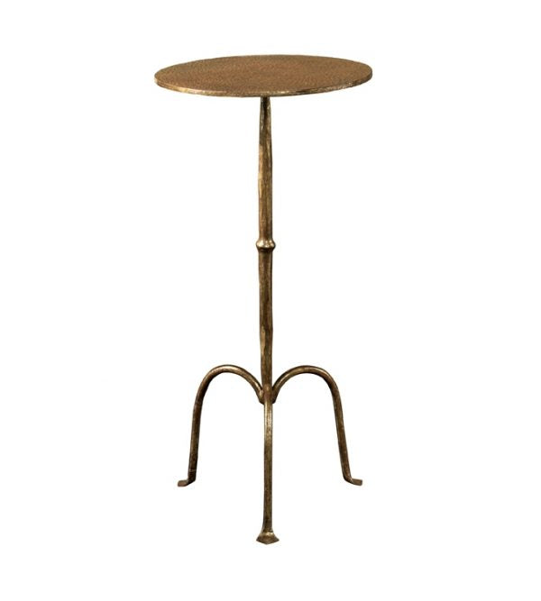 The Ruislip Side Table by Mr Brown is a small, round accent piece in Verona Gold. It features a hammered gold texture with a slender central support branching into three curved legs.