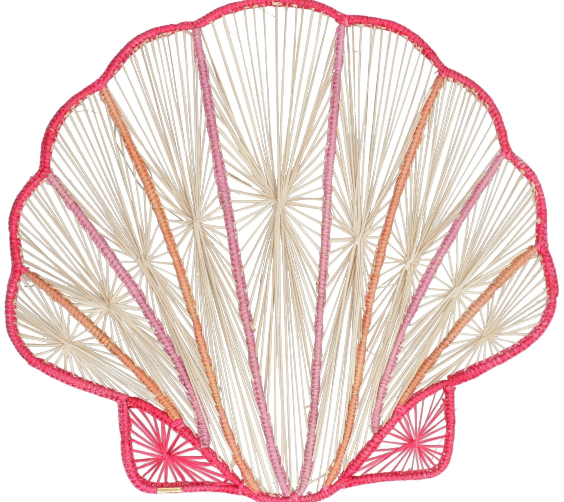 The Ocean Shell Placemat by Mercedes Salazar is a string art piece crafted with red, orange, and beige threads in a fan-like pattern, featuring a unique natural raffia design and made in Colombia.