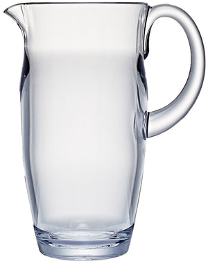 The Bold Paradise Acrylic Pitcher features a handle and wide spout, making it perfect for serving drinks. Dishwasher safe for easy cleaning, it’s shown empty against a white background.