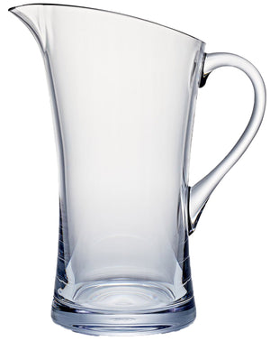 The Bold Vogue Acrylic Pitcher features a curved handle and flared spout, making it ideal for modern drinkware collections. Dishwasher safe. Shown on a plain white background.