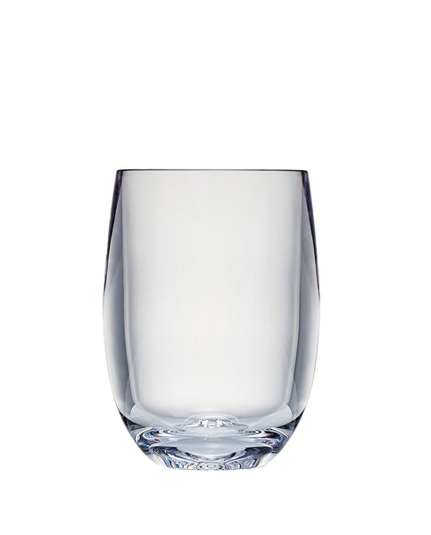A Bold Acrylic Red Wine Stemless Glass on a white background, perfect for a modern entertaining experience.