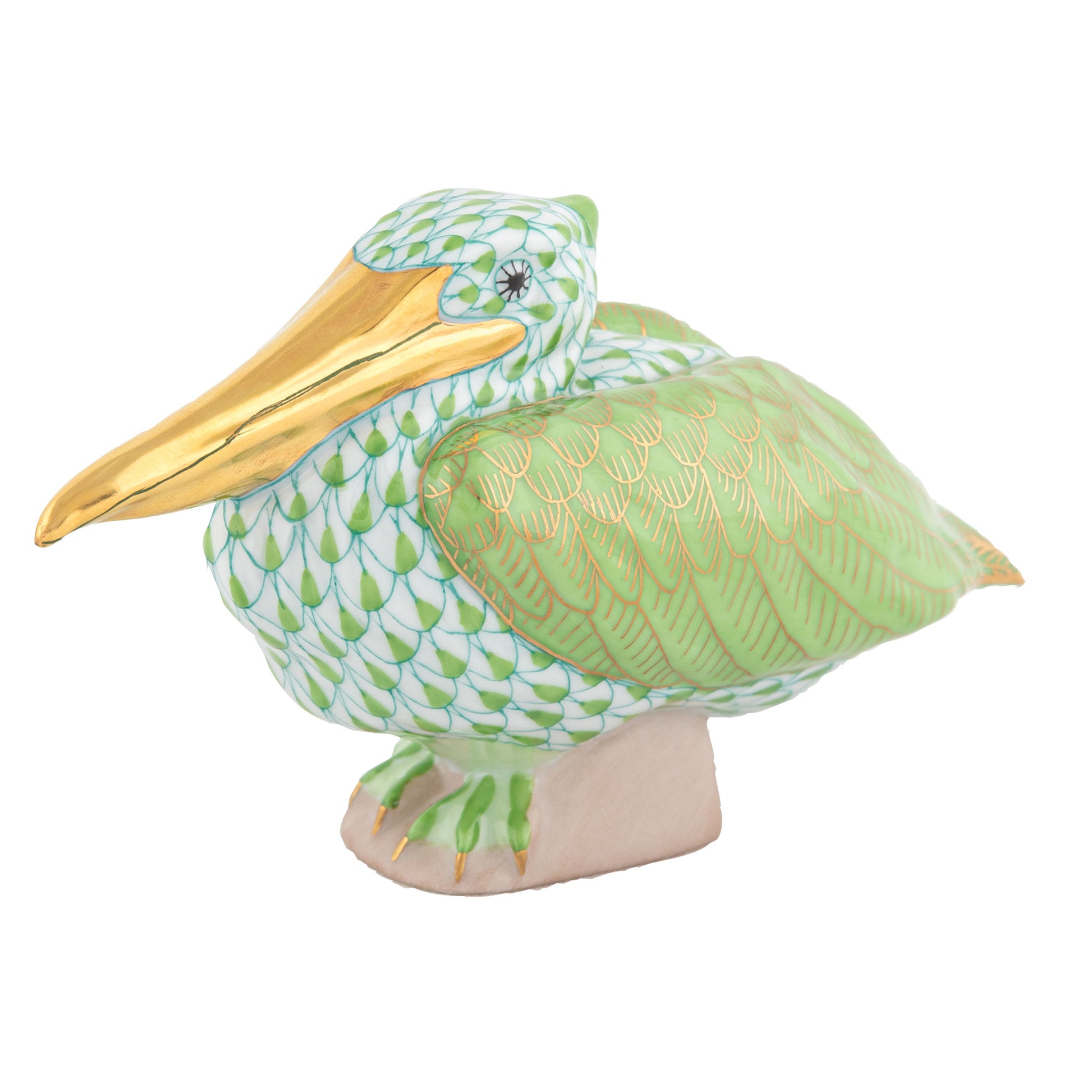 Herend's Sitting Pelican, Key Lime Green features hand-painted green scale-patterned feathers, gold accents on wings and beak, and a beige base—an exquisite collectible exemplifying the artistry of Herend porcelain.