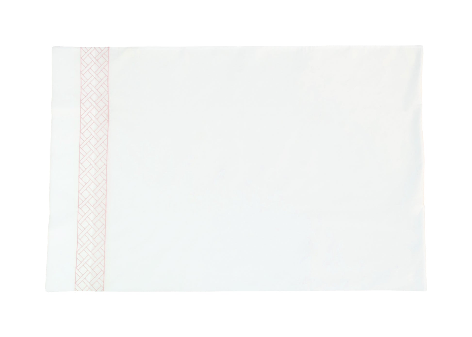 A white sheet from the HIVE Exclusive Matouk Rovella Bedding Collection, Salmon, featuring a geometric patterned border on the left edge, crafted from luxurious Egyptian cotton percale.