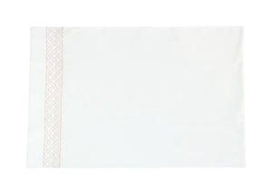 A white sheet from the HIVE Exclusive Matouk Rovella Bedding Collection, Salmon, featuring a geometric patterned border on the left edge, crafted from luxurious Egyptian cotton percale.