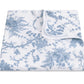 A folded white blanket from the San Cristobal Bedding Collection, Sky by Matouk, featuring a blue floral and botanical print on Luca Egyptian cotton percale, OEKO-TEX® Standard 100 certified, with one corner turned to show the reverse.