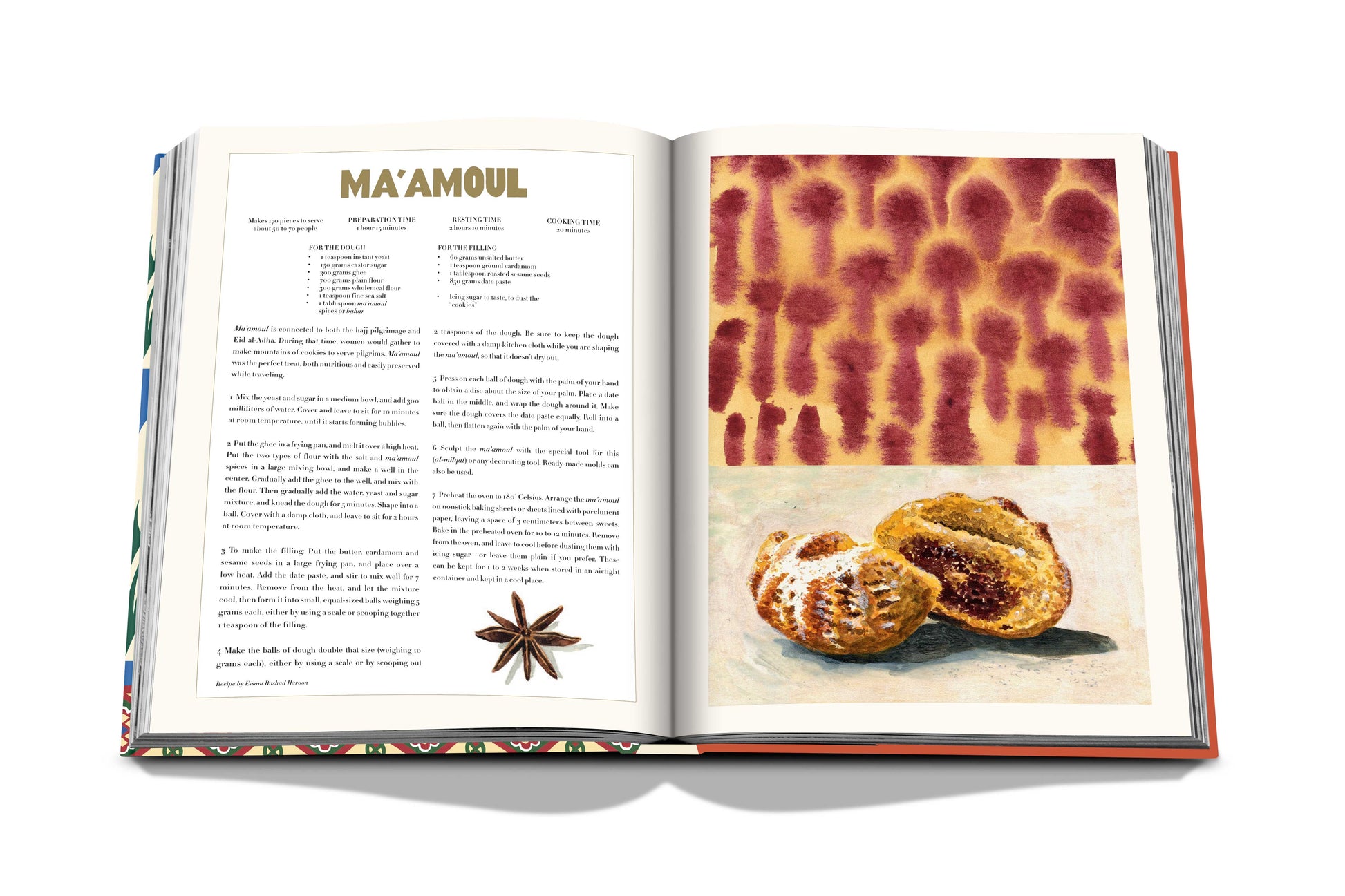 An open cookbook displaying a recipe for maamoul, accompanied by an image of two finished maamoul cookies and a star anise on a countertop, Saudi Dates: A Portrait of the Sacred Fruit by Assouline.